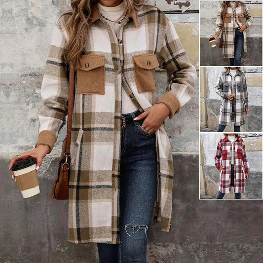 "New Brushed Plaid Long Coat With Pockets Fashion Winter Jacket Outwear Women's Clothing - MANDOTOS"