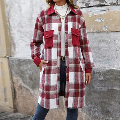 "New Brushed Plaid Long Coat With Pockets Fashion Winter Jacket Outwear Women's Clothing - MANDOTOS"