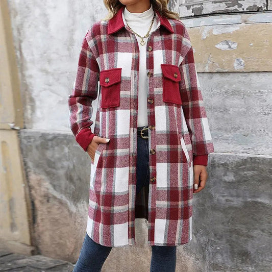 "New Brushed Plaid Long Coat With Pockets Fashion Winter Jacket Outwear Women's Clothing - MANDOTOS"