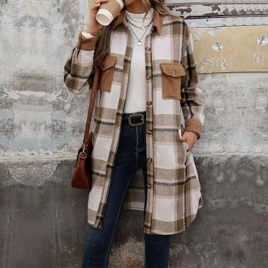 "New Brushed Plaid Long Coat With Pockets Fashion Winter Jacket Outwear Women's Clothing - MANDOTOS"