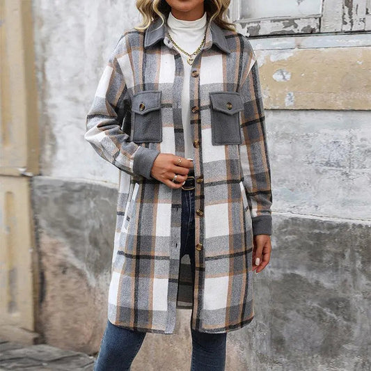 "New Brushed Plaid Long Coat With Pockets Fashion Winter Jacket Outwear Women's Clothing - MANDOTOS"