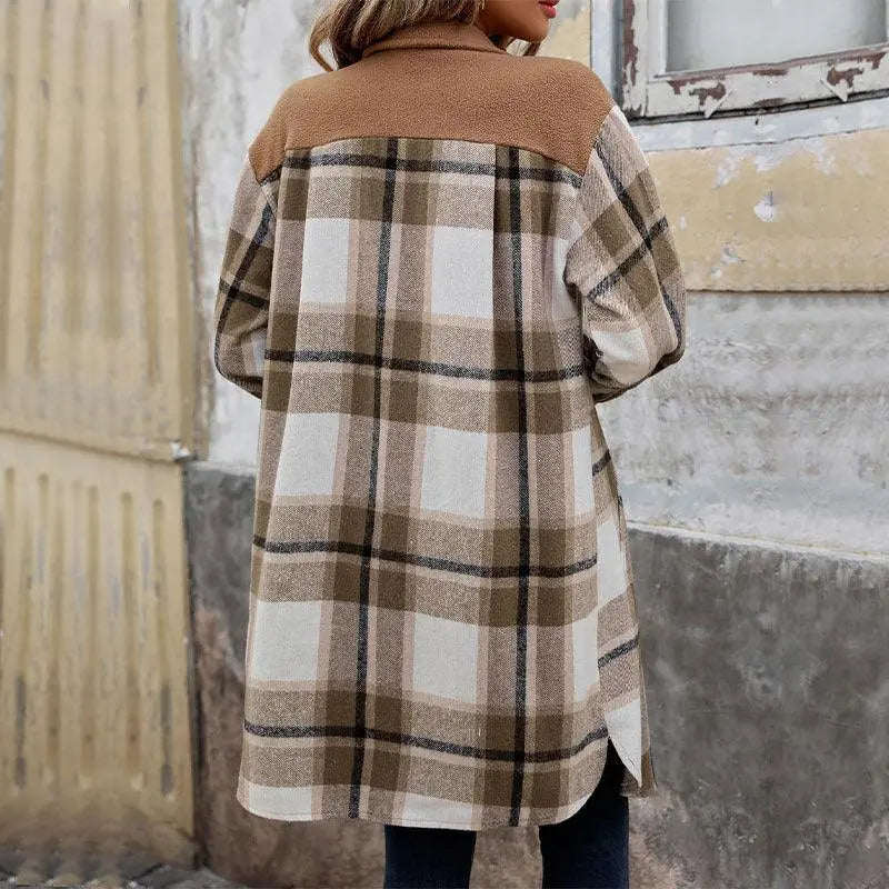 "New Brushed Plaid Long Coat With Pockets Fashion Winter Jacket Outwear Women's Clothing - MANDOTOS"
