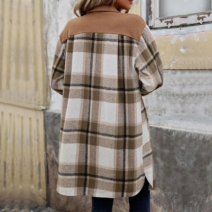 "New Brushed Plaid Long Coat With Pockets Fashion Winter Jacket Outwear Women's Clothing - MANDOTOS"