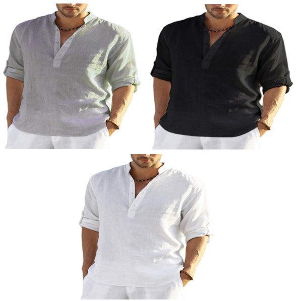 "Men's Casual Cotton Linen Solid Color Long Sleeve Shirt Loose Stand Collar - MANDOTOS"