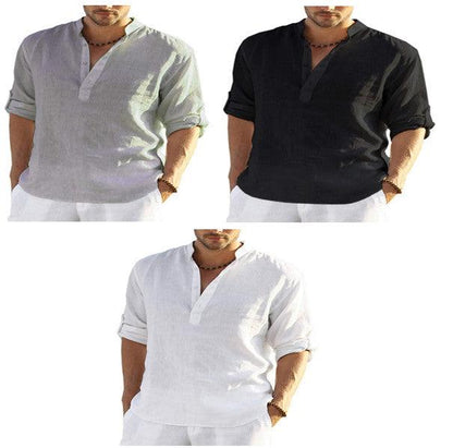 "Men's Casual Cotton Linen Solid Color Long Sleeve Shirt Loose Stand Collar - MANDOTOS"