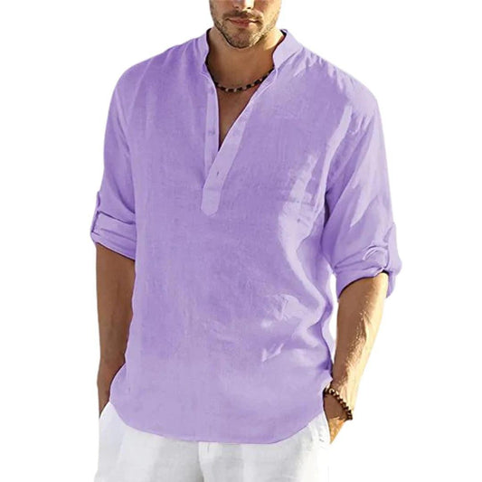 "Men's Casual Cotton Linen Solid Color Long Sleeve Shirt Loose Stand Collar - MANDOTOS"