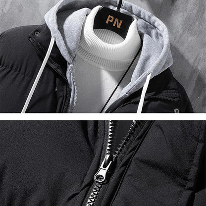 "Fashion Hooded Jacket Men Winter Windproof Thickened Fake Two-piece Coat Solid Leisure Sports Cotton Jacket - MANDOTOS"