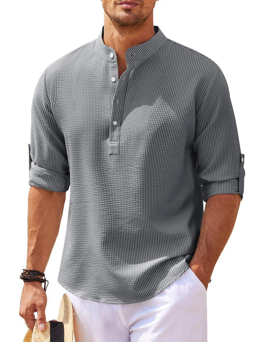 "Men's Casual Shirt Long Sleeve Stand Collar Solid Color Shirt Mens Clothing - MANDOTOS"