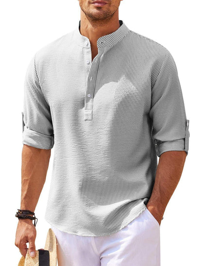 "Men's Casual Shirt Long Sleeve Stand Collar Solid Color Shirt Mens Clothing - MANDOTOS"