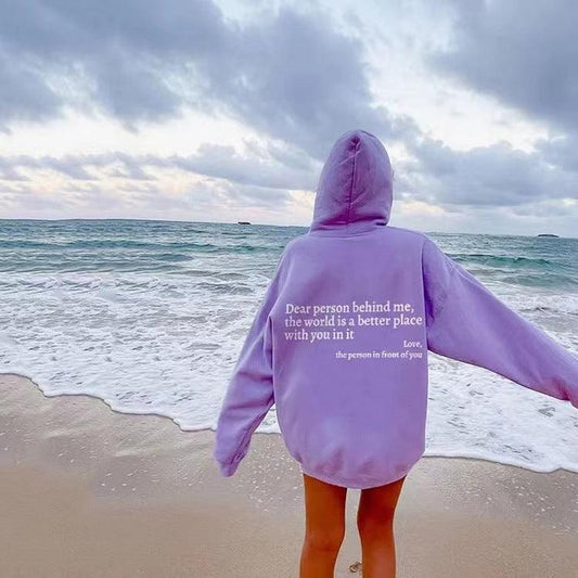 "Dear Person Behind Me,the World Is A Better Place,with You In It,love,the Person In Front Of You,Women's Plush Letter Printed Kangaroo Pocket Drawstring Printed Hoodie Unisex Trendy Hoodies - MANDOTOS"