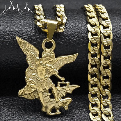 "SAINT MICHAEL PROTECT US Archangel Stainless Steel Pendant Necklace for Women Men Gold Color Necklace Choker Jewelry Collares - MANDOTOS"