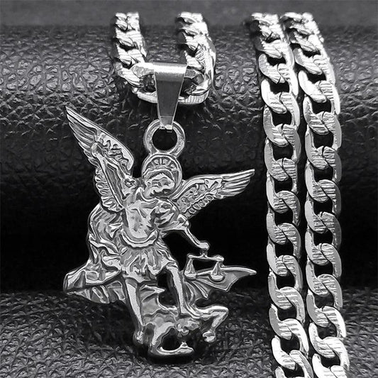 "SAINT MICHAEL PROTECT US Archangel Stainless Steel Pendant Necklace for Women Men Gold Color Necklace Choker Jewelry Collares - MANDOTOS"