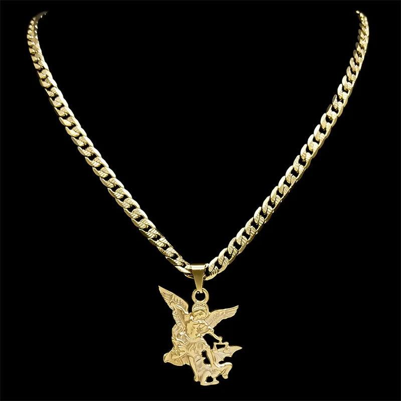 "SAINT MICHAEL PROTECT US Archangel Stainless Steel Pendant Necklace for Women Men Gold Color Necklace Choker Jewelry Collares - MANDOTOS"