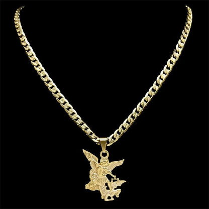 "SAINT MICHAEL PROTECT US Archangel Stainless Steel Pendant Necklace for Women Men Gold Color Necklace Choker Jewelry Collares - MANDOTOS"