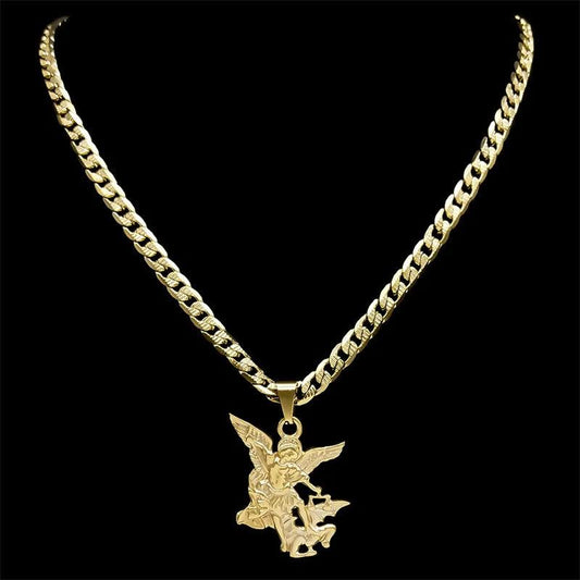 "SAINT MICHAEL PROTECT US Archangel Stainless Steel Pendant Necklace for Women Men Gold Color Necklace Choker Jewelry Collares - MANDOTOS"