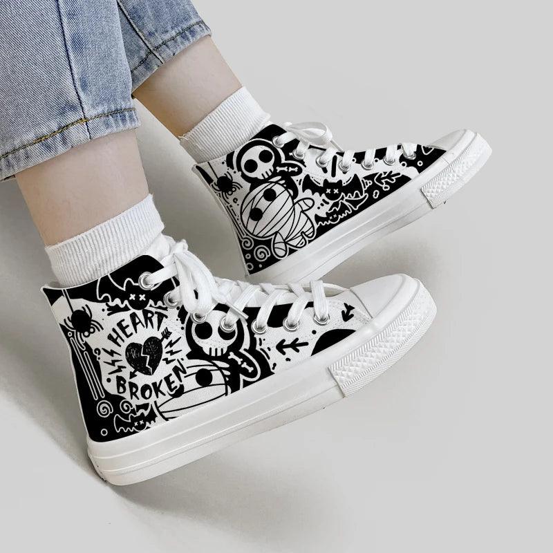 "Amy and Michael Original Design Individual Graffiti Shoes Women High Top Canvas Sneakers Teenagers Students Skateboard Shoes - MANDOTOS"