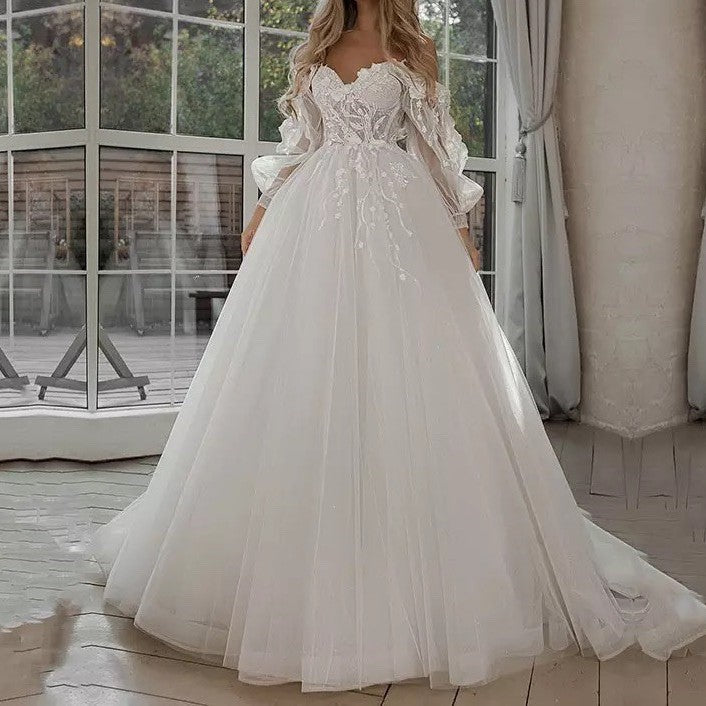 "Boho Bride Puff Sleeve Off-Shoulder Wedding Gown - MANDOTOS"