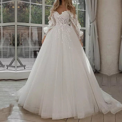 "Boho Bride Puff Sleeve Off-Shoulder Wedding Gown - MANDOTOS"