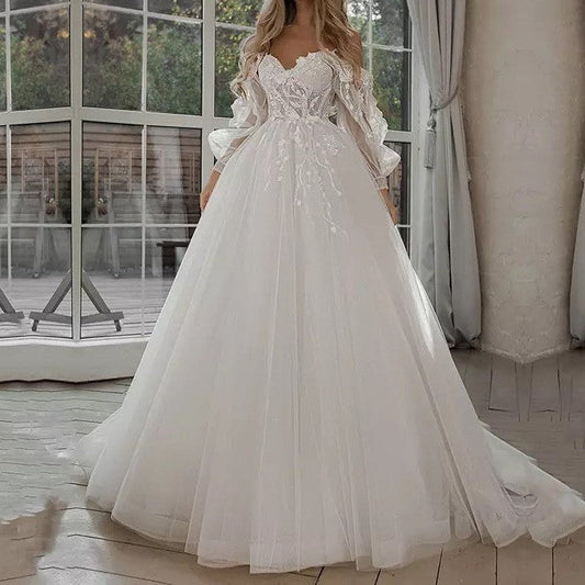 "Boho Bride Puff Sleeve Off-Shoulder Wedding Gown - MANDOTOS"