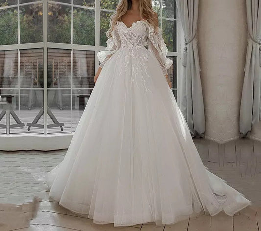 "Boho Bride Puff Sleeve Off-Shoulder Wedding Gown - MANDOTOS"