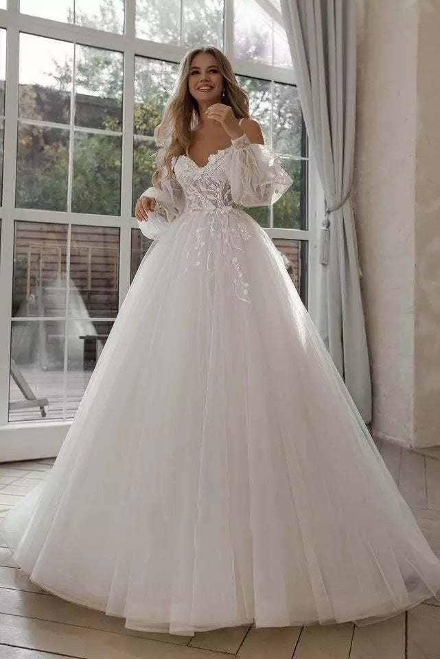 "Boho Bride Puff Sleeve Off-Shoulder Wedding Gown - MANDOTOS"