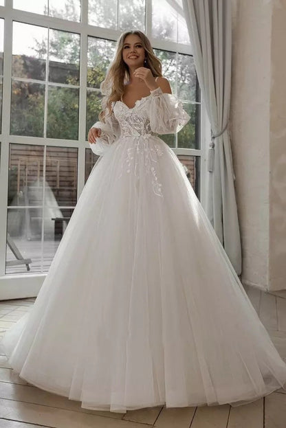 "Boho Bride Puff Sleeve Off-Shoulder Wedding Gown - MANDOTOS"
