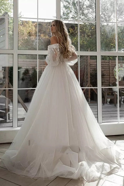 "Boho Bride Puff Sleeve Off-Shoulder Wedding Gown - MANDOTOS"