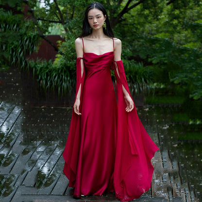 "Luxury Satin Wine Red Wedding Photo Gown - MANDOTOS"