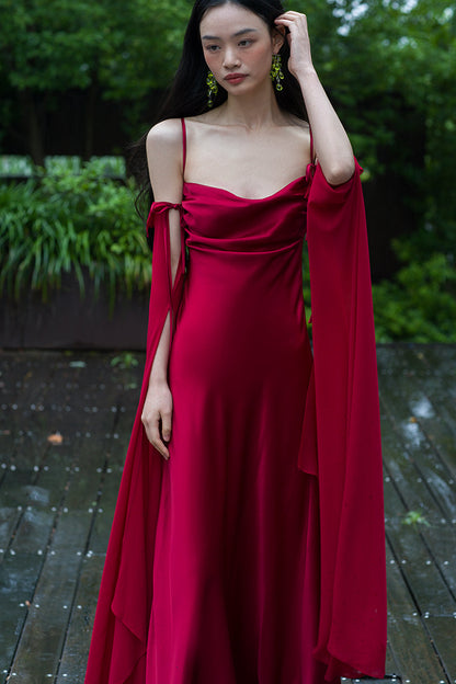 "Luxury Satin Wine Red Wedding Photo Gown - MANDOTOS"