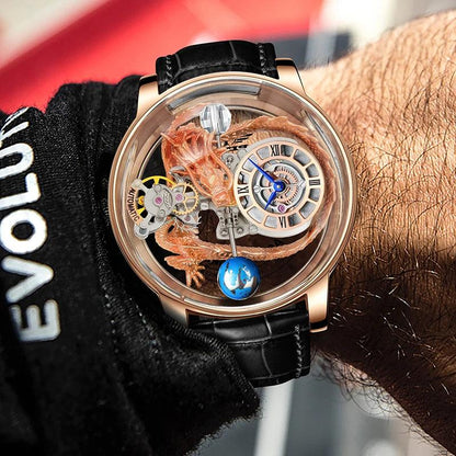 "PINDU Design Art astronomique Sculpture Traditionnelle Artisanat Dragon dor en Trois Dimensions Men Watch Transparent Case Globe - MANDOTOS"