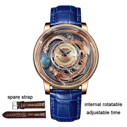 "PINDU Design Art astronomique Sculpture Traditionnelle Artisanat Dragon dor en Trois Dimensions Men Watch Transparent Case Globe - MANDOTOS"