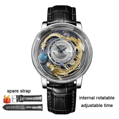 "PINDU Design Art astronomique Sculpture Traditionnelle Artisanat Dragon dor en Trois Dimensions Men Watch Transparent Case Globe - MANDOTOS"