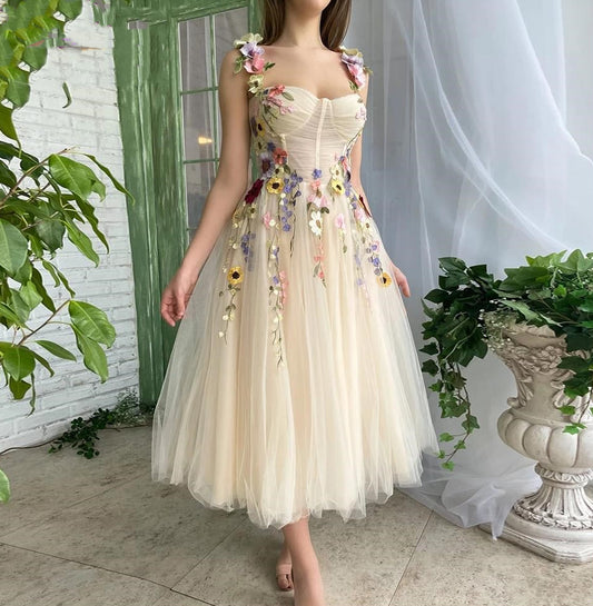 "Light Champagne Tulle Prom Dress with Sweetheart Neckline - MANDOTOS"