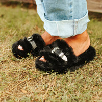 Cozy Fuzzy Slide Sandals with Western Buckle Details - Perfect for Black Friday & Vegas! -