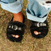 Cozy Fuzzy Slide Sandals with Western Buckle Details - Perfect for Black Friday & Vegas! -
