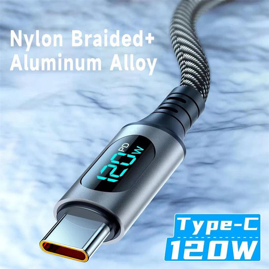 6A 120W USB A To Type C Super Fast Charge Cable Nylon Data Cord For Xiaomi Redmi POCO Samsung With Led Digital Display Cable - MANDOTOS