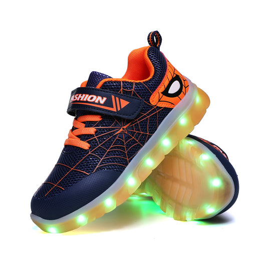 Kids' LED glowing shoes by Ancient Energy, size 26-37, featuring USB recharge and hook loop straps, with illuminated soles.