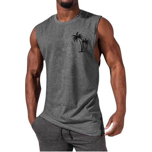 Coconut Tree Embroidery Vest Summer Beach Tank Tops Workout Muscle Men Sports Fitness T-shirt - MANDOTOS
