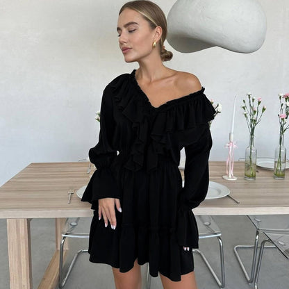 Fashion V Neck Pleated Ruffle Long Sleeve Dress Y2K V Neck Flared Sleeve Short Dress Women's Clothing - MANDOTOS