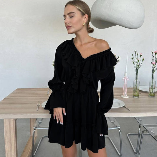 Fashion V Neck Pleated Ruffle Long Sleeve Dress Y2K V Neck Flared Sleeve Short Dress Women's Clothing - MANDOTOS