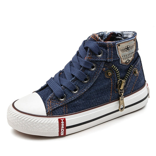 Breathable denim sneakers for kids by Ancient Energy, featuring casual design suitable for boys and girls' sporty casual wear.