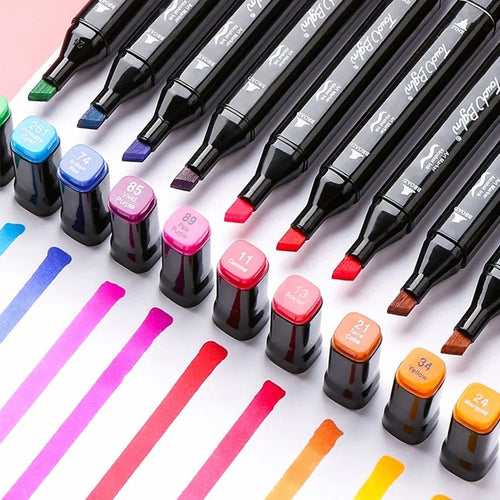 Ancient Energy 120-color marker pens set featuring manga brush pens for students and artists, displayed in a colorful arrangement.