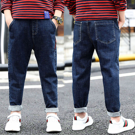 Ancient Energy boys' autumn and winter velvet one-piece jeans, cozy and stylish for cold weather, shown in the image.