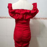 Women Black Off Shoulder Ruched Layered Ruffles Bodycon Dress