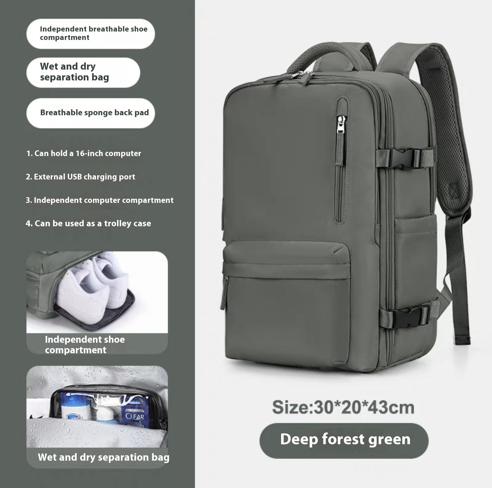 Ancient Energy large capacity travel backpack with multiple compartments, suitable for students and school use, in black with padded straps.