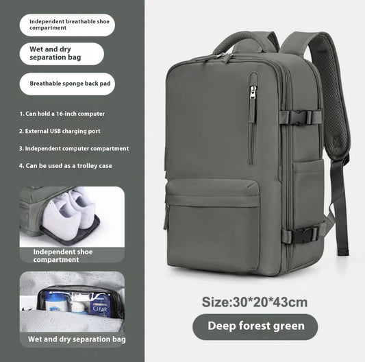 Ancient Energy large capacity travel backpack with multiple compartments, suitable for students and school use, in black with padded straps.
