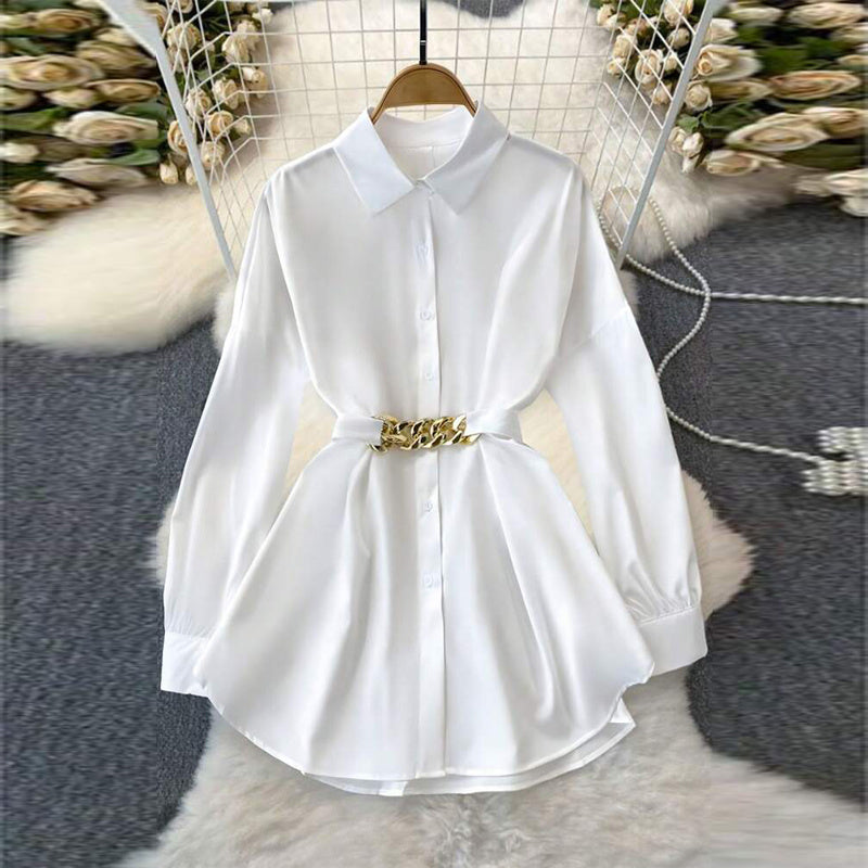 Women's Elegant Lapel Button-Down Top With Adjustable Metal Waist Belt Solid Color Loose Fit Blouse For Casual & Office Wear