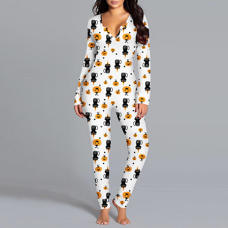 Halloween Printed Jumpsuit Long Sleeve Home Pajamas Casual Trousers Women's Cos Clothing - MANDOTOS