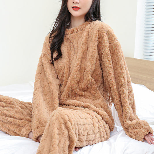 Winter Pajamas Sets Homewear Solid Color Loose Thickened Coral Velvet Pullover Long Sleeves And Trousers Warm Pajamas Indoor Outdoor Casual Clothes - MANDOTOS