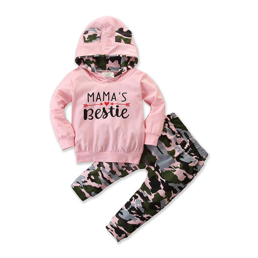 Girls camouflage hooded sweater and pants set by Ancient Energy, suitable for spring and autumn, featuring a cozy, stylish design.